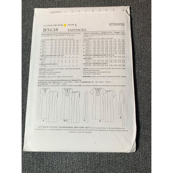 Butterick B5638 Misses Dress Sewing Pattern Large L - Picture 2 of 2